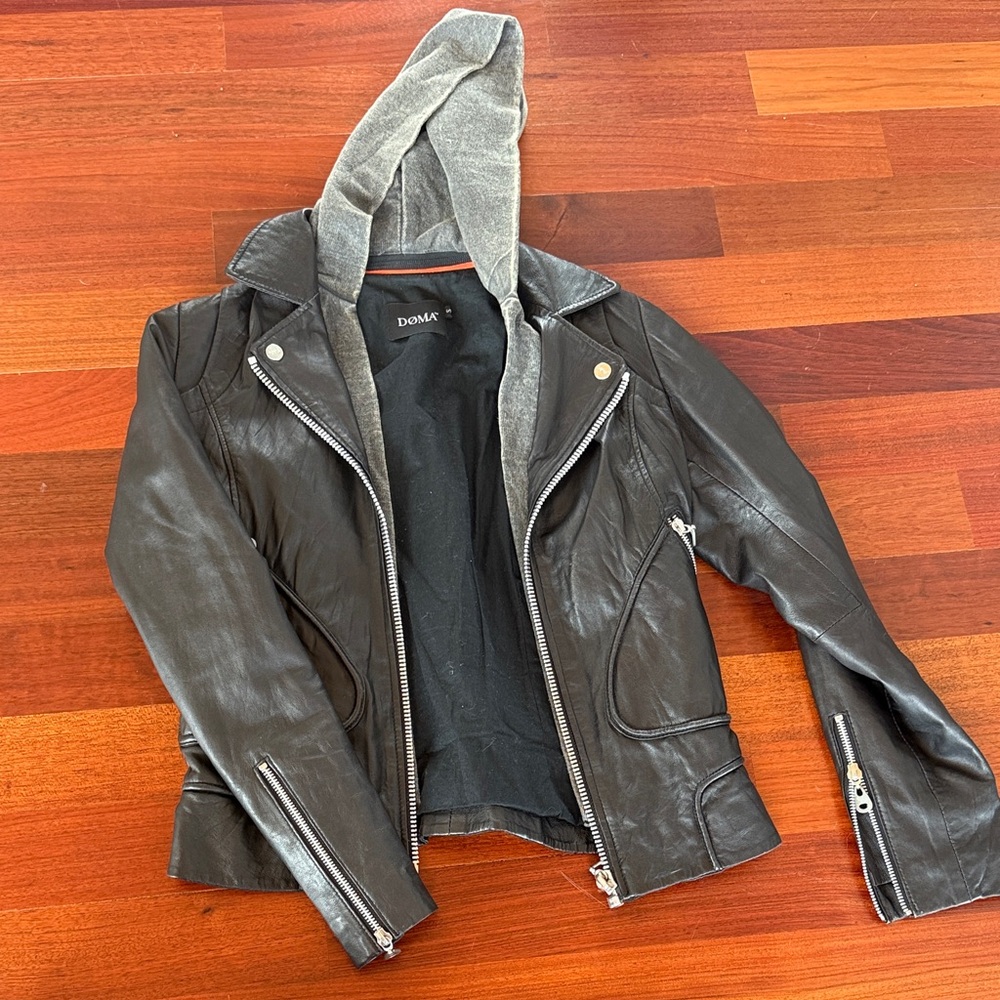 Doma Black Leather Jacket with Gray Hood